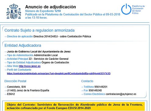 Anuncio de Adjudicación Suministro de Alumbrado